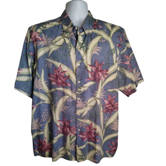 Reyn Spooner Hawaiian SHIRT blue/red leaf FLORAL PRINT Men's XL - Picture 2 of 7